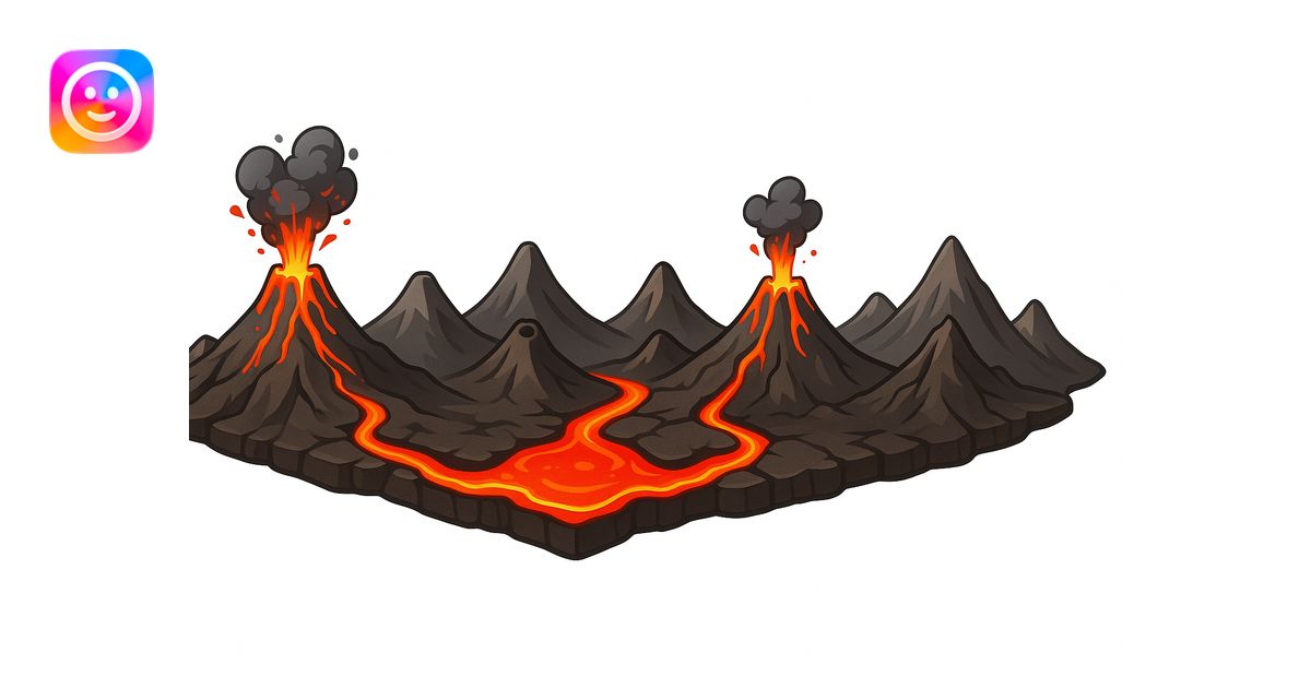 A stylized illustrated volcanic arc strip: a long chain of mountains ...