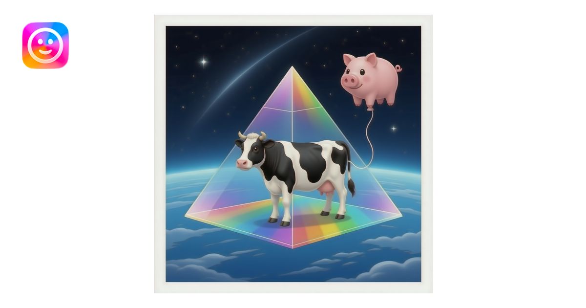 a black and white cow stands inside a glass pyramid floating in space ...