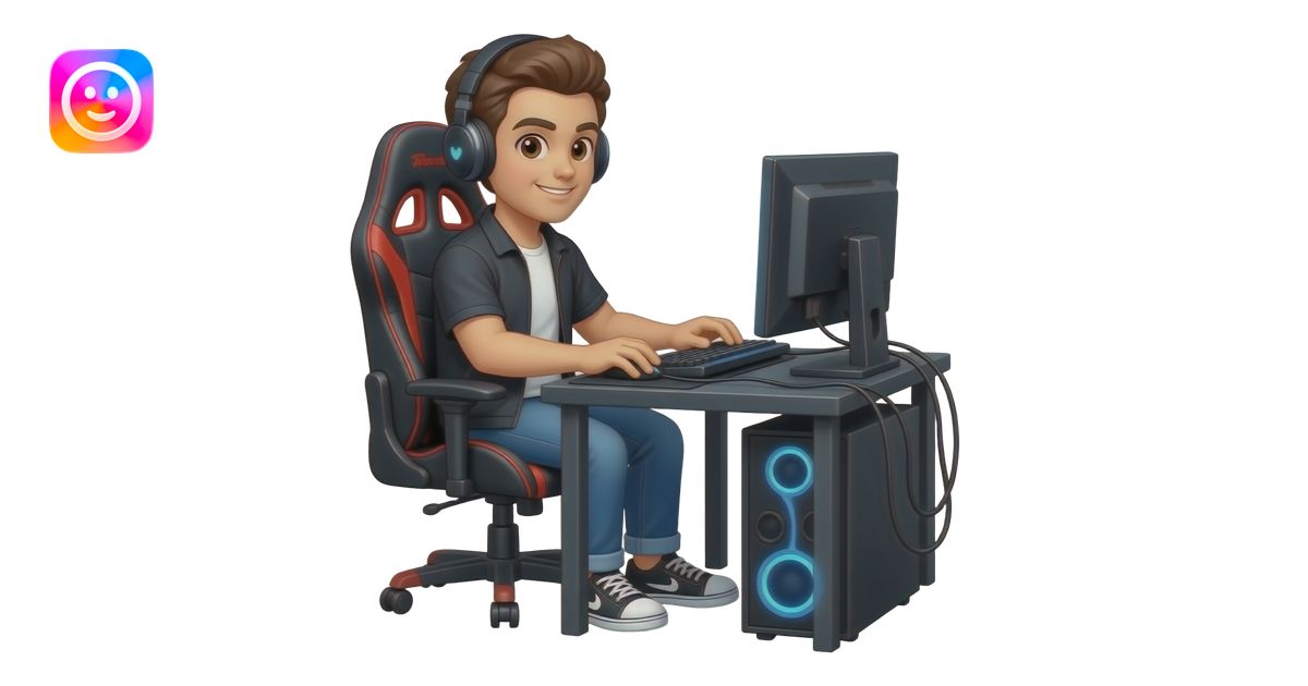 Make a guy gaming in pc emoji | AI Emoji Generator