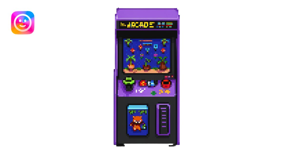 A retro pixel art arcade machine with 8-bit game characters on screen ...
