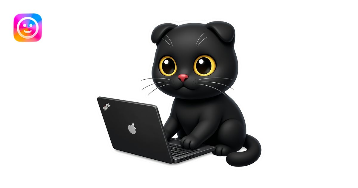 An emoji-style digital sticker of a cute black Scottish Fold cat with ...