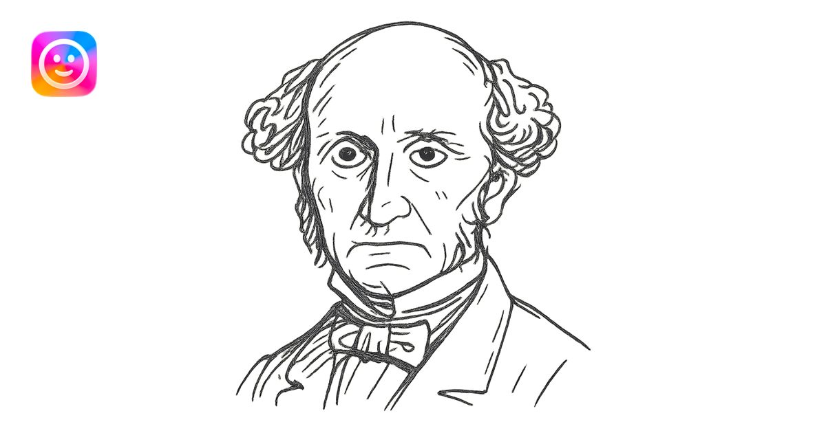 a hand drawn black outline portrait of philosopher John Stuart Mill ...