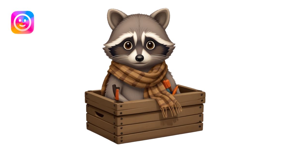 A raccoon with worn-out scarf, sitting next to a tiny box of collected ...