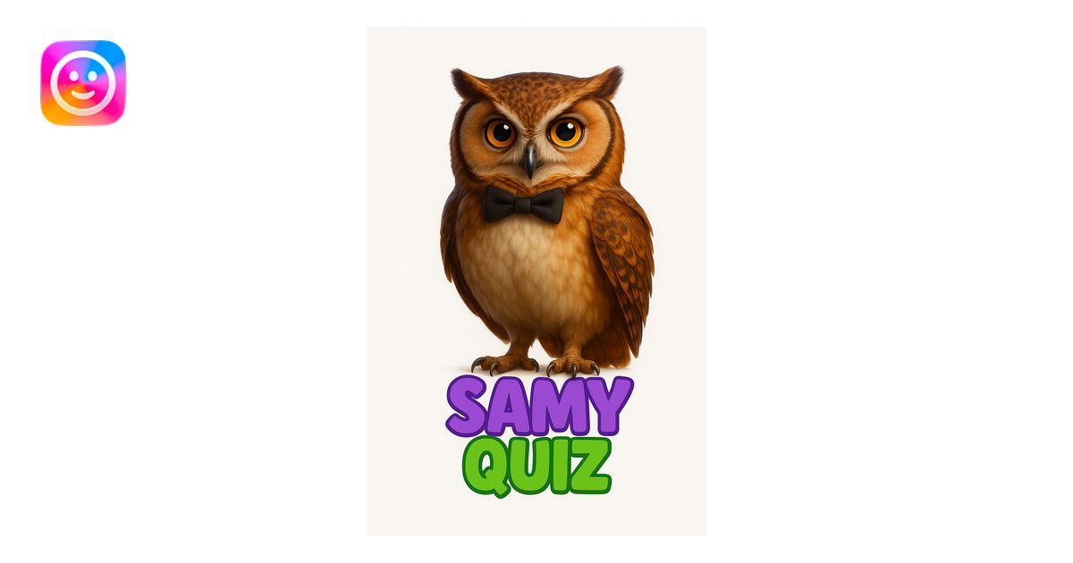 Create a realistic style image of the owl with a bow and the text 'SAMY ...