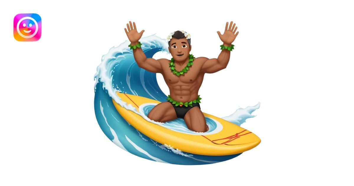 Dark muscular 50 year old man lei riding a big wave emoji | AI Emoji ...