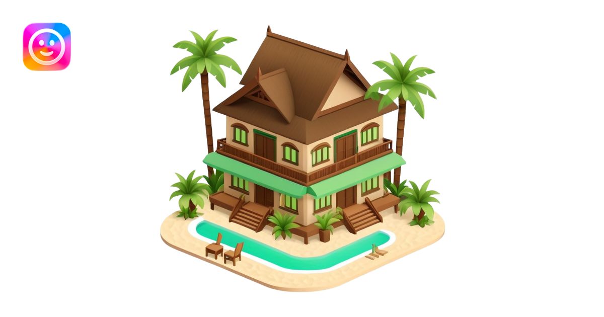 Isometric exterior brown and beige and green luxury polynesian beach ...