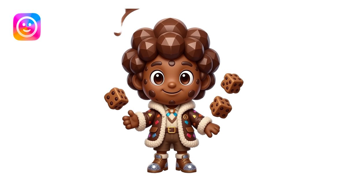 A magical brownie mascot with a giant head and tiny body. It has rich ...