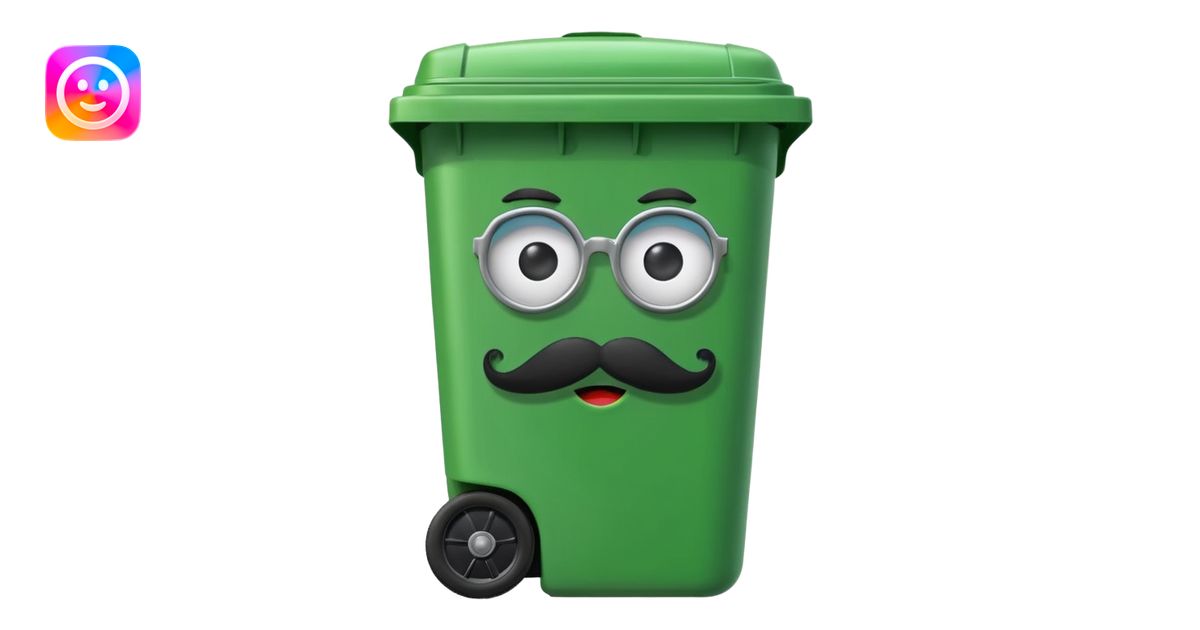 Green wheelie bin with black moustache emoji | AI Emoji Generator