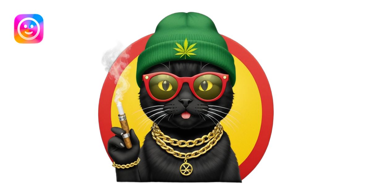 A black cat wearing the deal with it shades and a rasta beanie and ...