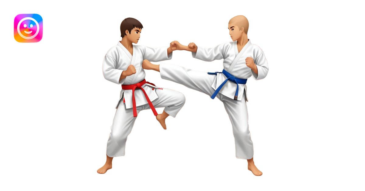 Two karate fighters in traditional gi sparring. One executes a high ...