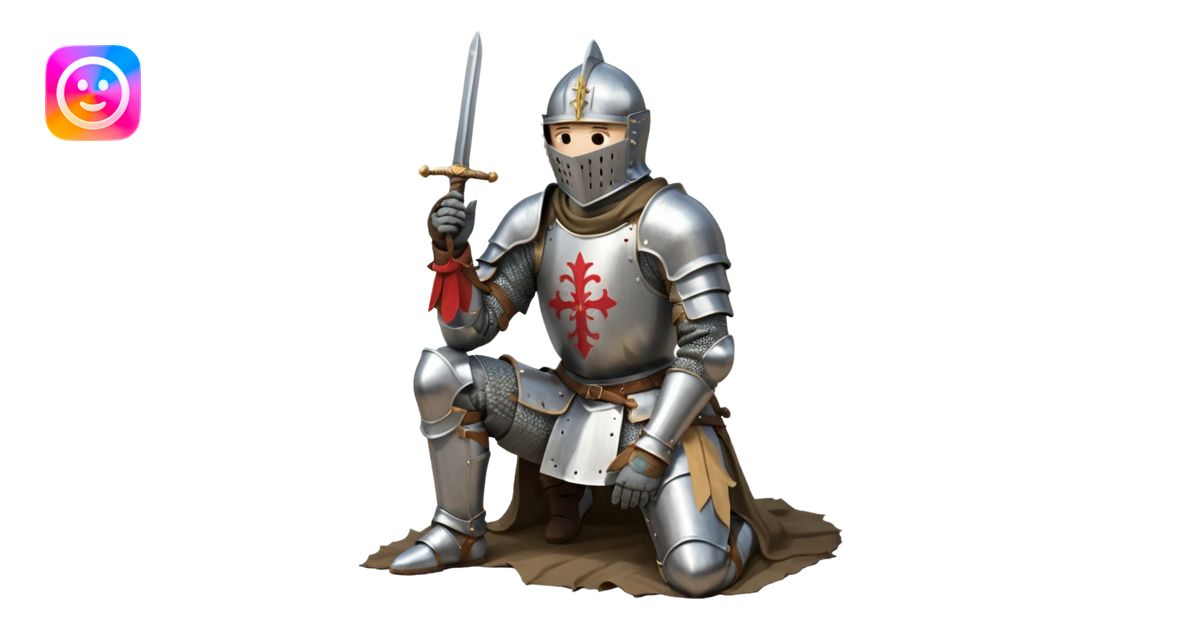 A lone medieval knight in plate, worn armor kneels. His helmet is ...