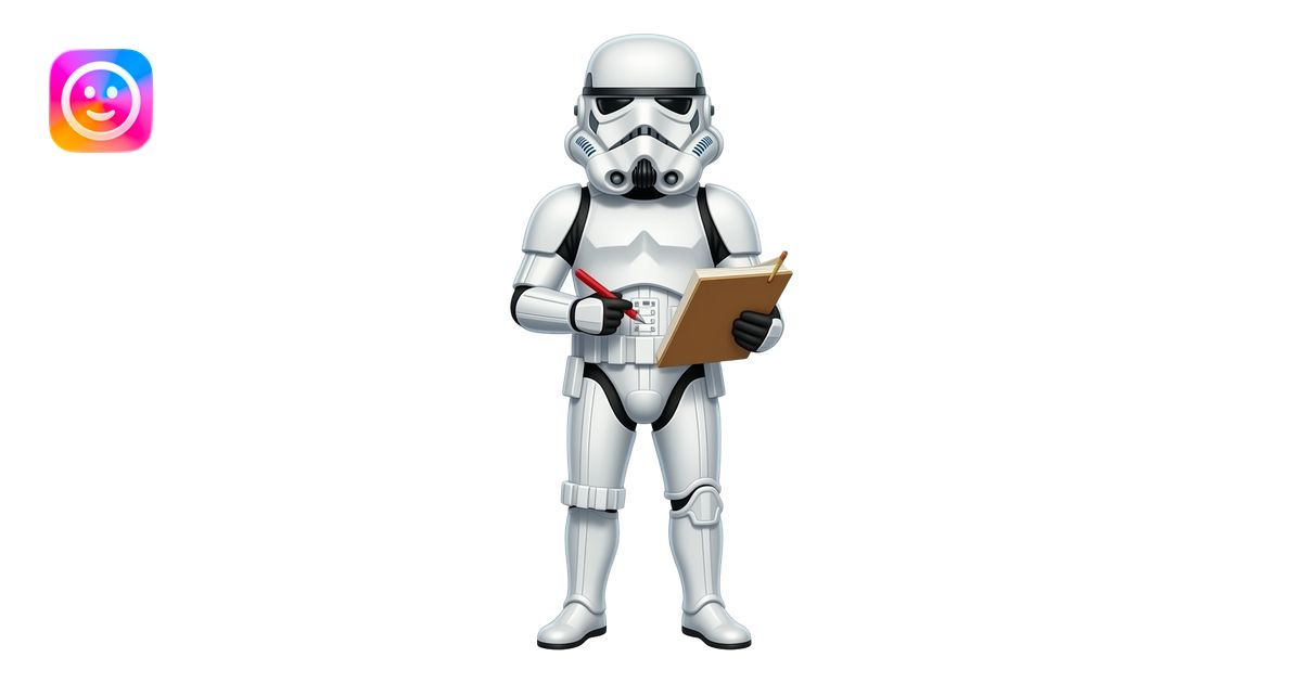 storm trooper turning in a homework assignment emoji | AI Emoji Generator