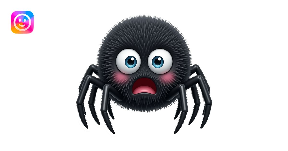 “3D fluffy black spider character, dramatically shocked human face ...