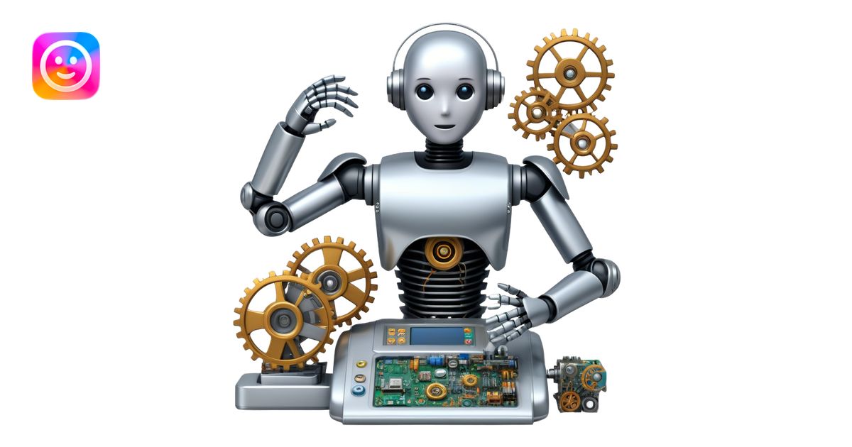 An icon featuring a humanoid robot assembling parts with robotic arms ...
