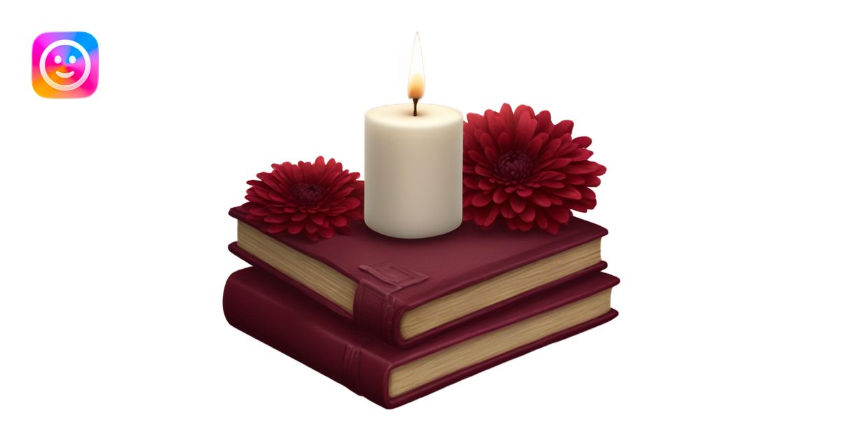 A maroon book stack adorned with ruby-red chrysanthemums and a candle ...