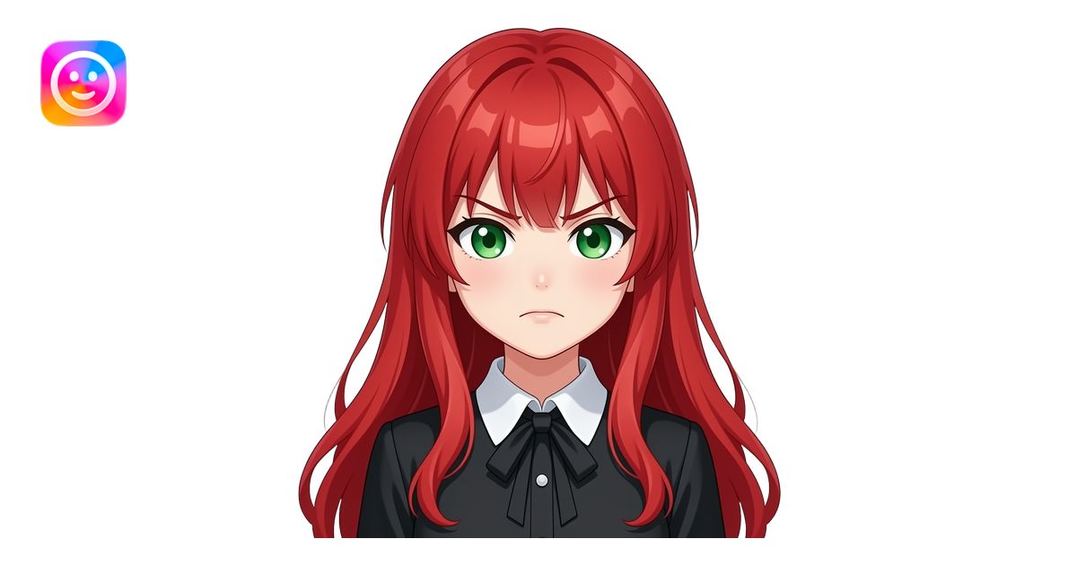 anime girl angry long red hair green eyes black blouse with white ...