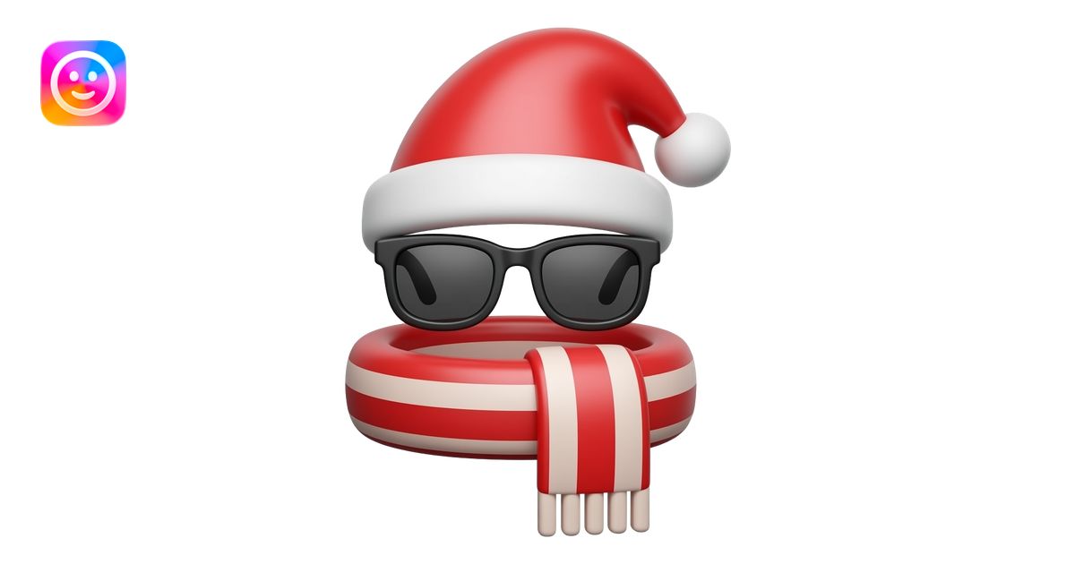 A glossy 3D icon render of a Santa hat, a pair of sunglasses, and a ...