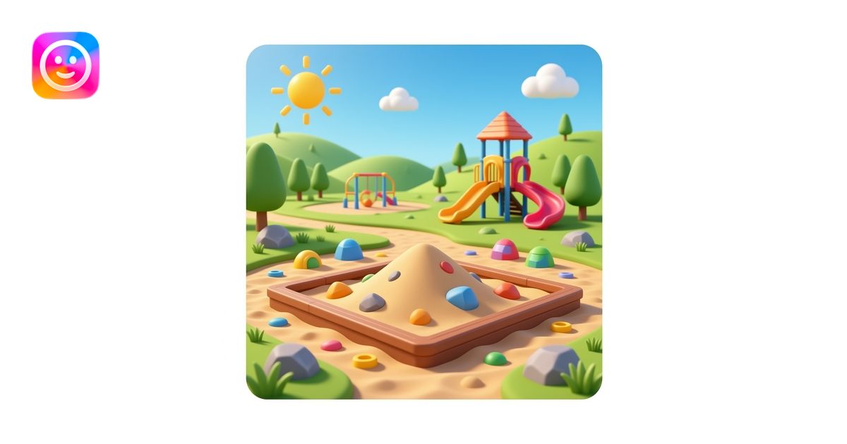 A 3D Pixar-style children's sandbox filled with rich brown earth, toy ...