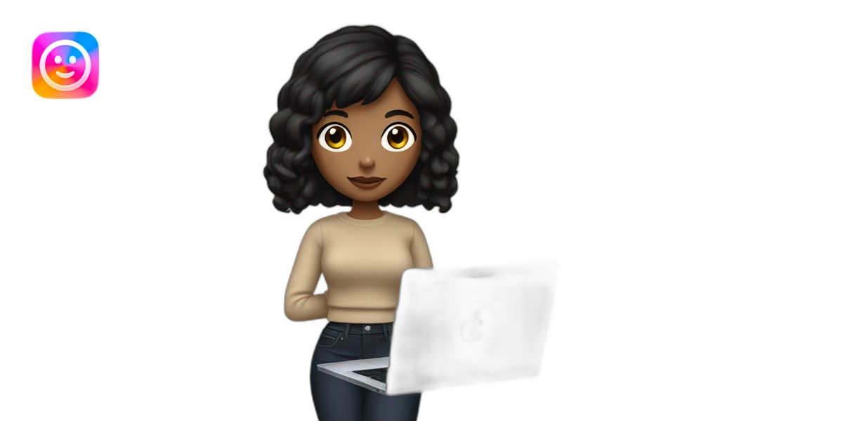 memoji of a female with a modern apple laptop in front, black hair ...