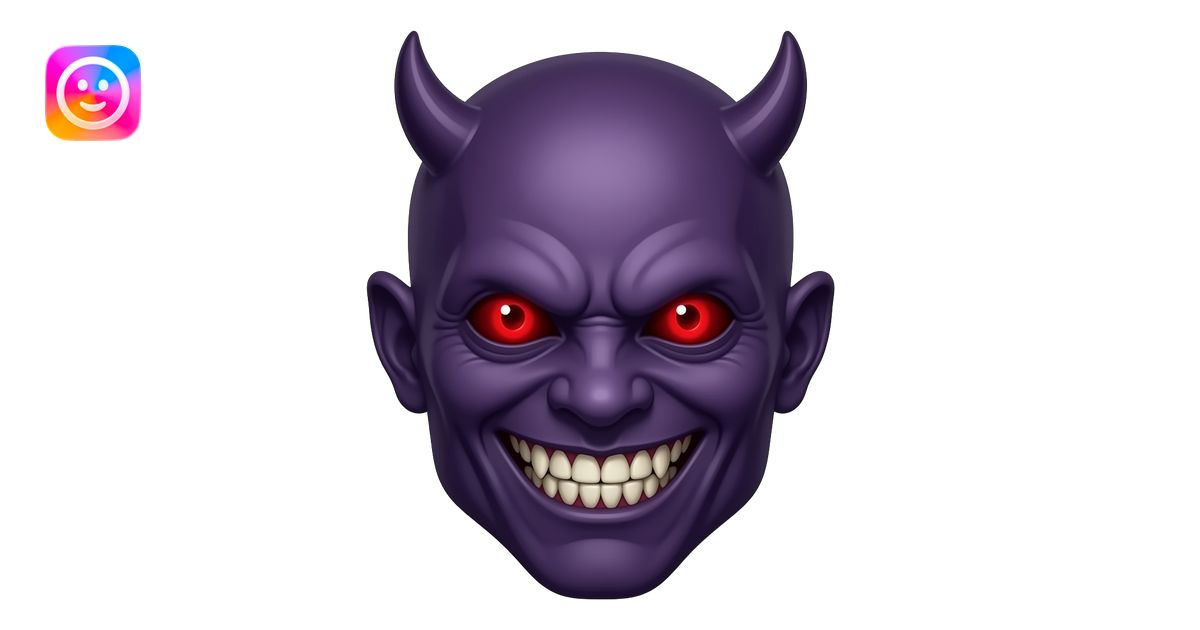 Creepy demon, glowing red eyes, sinister grin, sharp teeth, dark purple ...