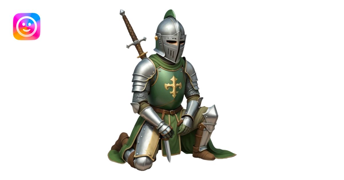 A lone medieval knight in a green worn armor kneels. His helmet is ...