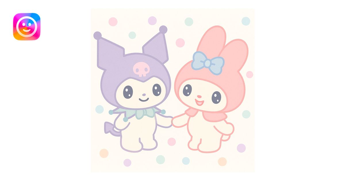 Kuromi and My Melody together, holding hands, pastel colors ...