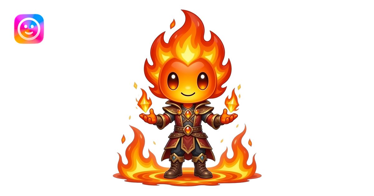 A magical ember mascot with a giant head and tiny body. It has glowing ...