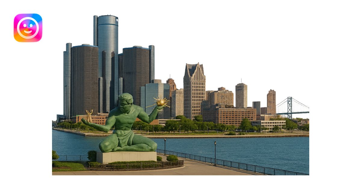 cinematic, realistic emoji of Detroit, wide city view featuring only ...