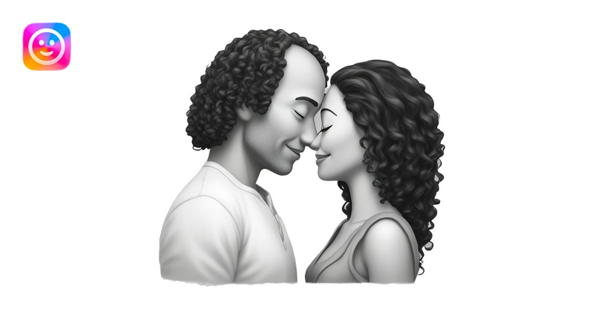 intimate moment between lovers, red bald man, long black curly hair ...