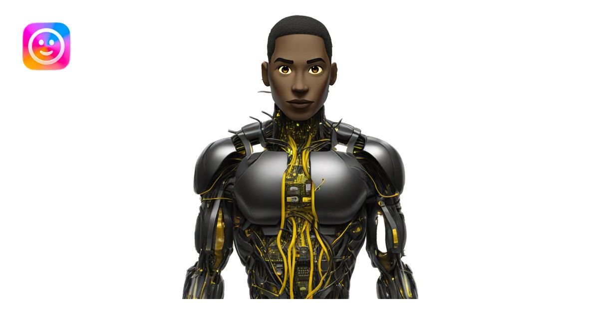 black and yellow cyborg with wires and circuitry emoji | AI Emoji Generator