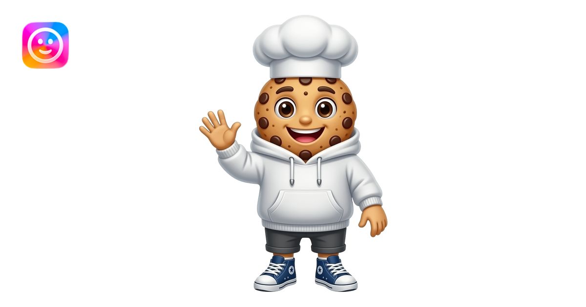 Full-body mascot of a chocolate chip cookie wearing a cozy baker ...