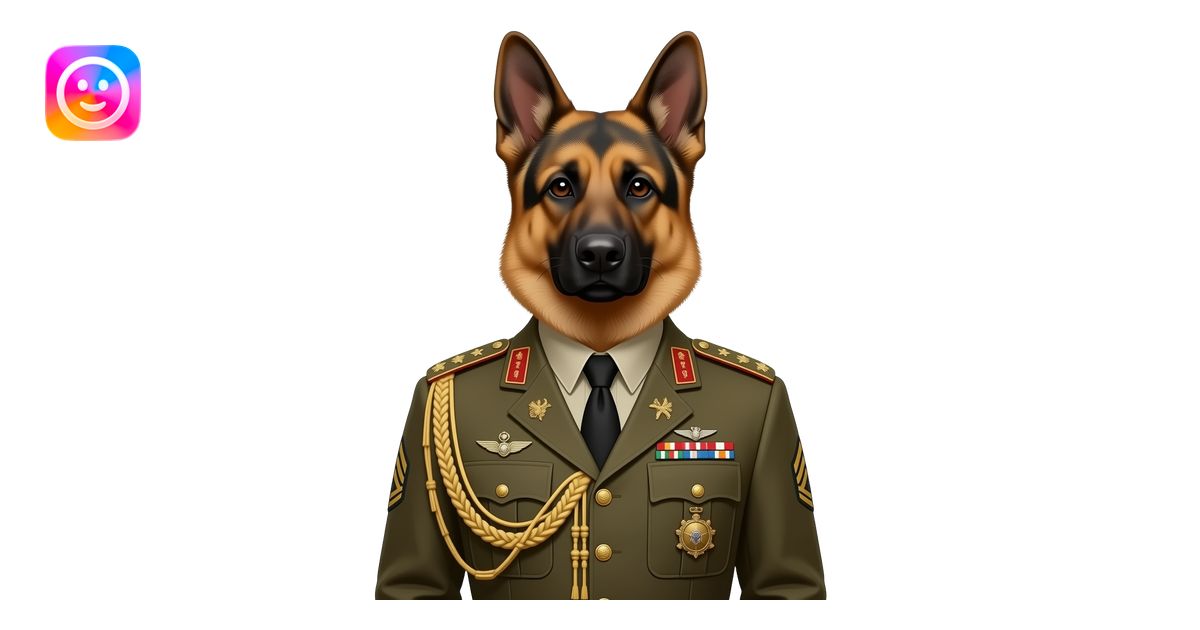 A German Shepherd wearing a full army general uniform, full body ...