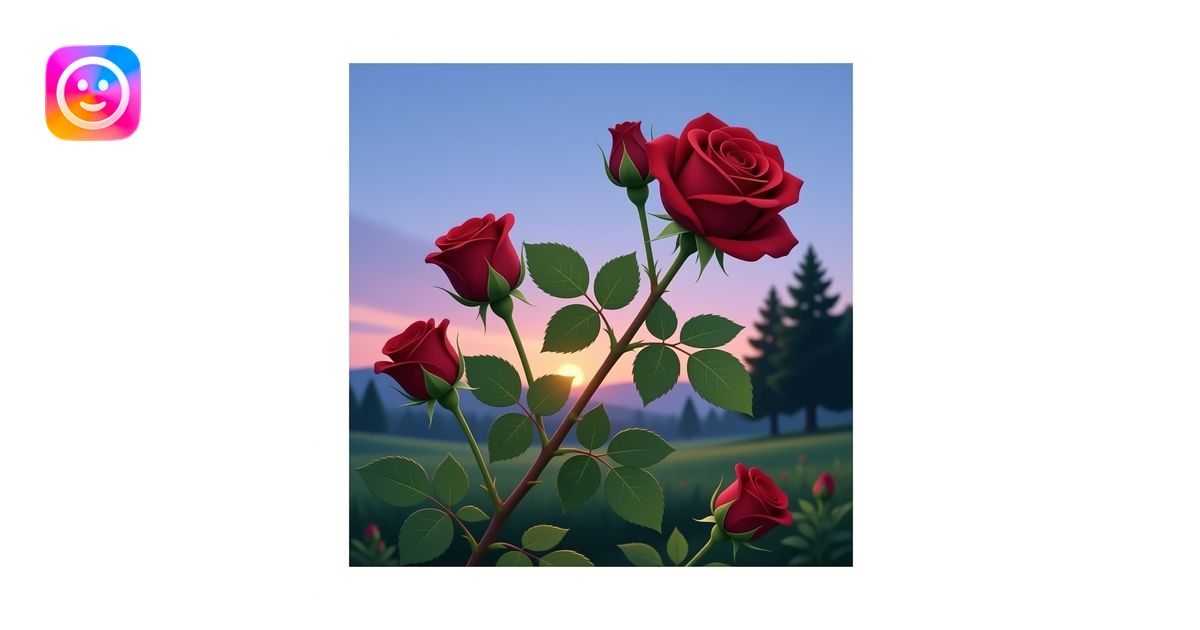 Realistic image: rose bush at dusk, deep red roses, green leaves ...
