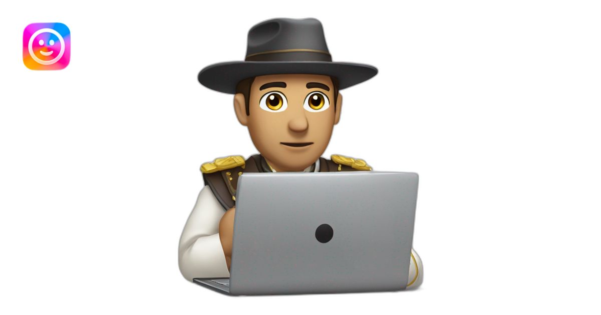 gaucho without a hat, mounted on a horse writing code on a laptop emoji ...
