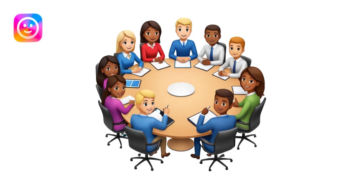 coworkers brainstorming ideas at a round conference table emoji | AI ...