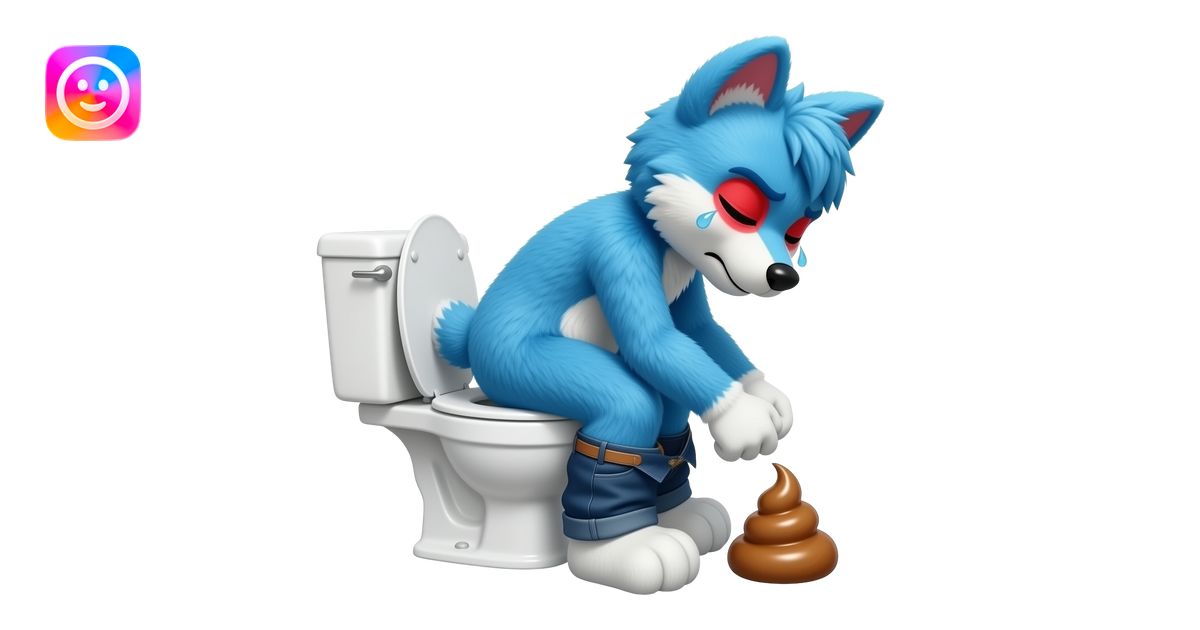 blue fursuit sitting on toilet, side view , pants down, pushing, eyes ...
