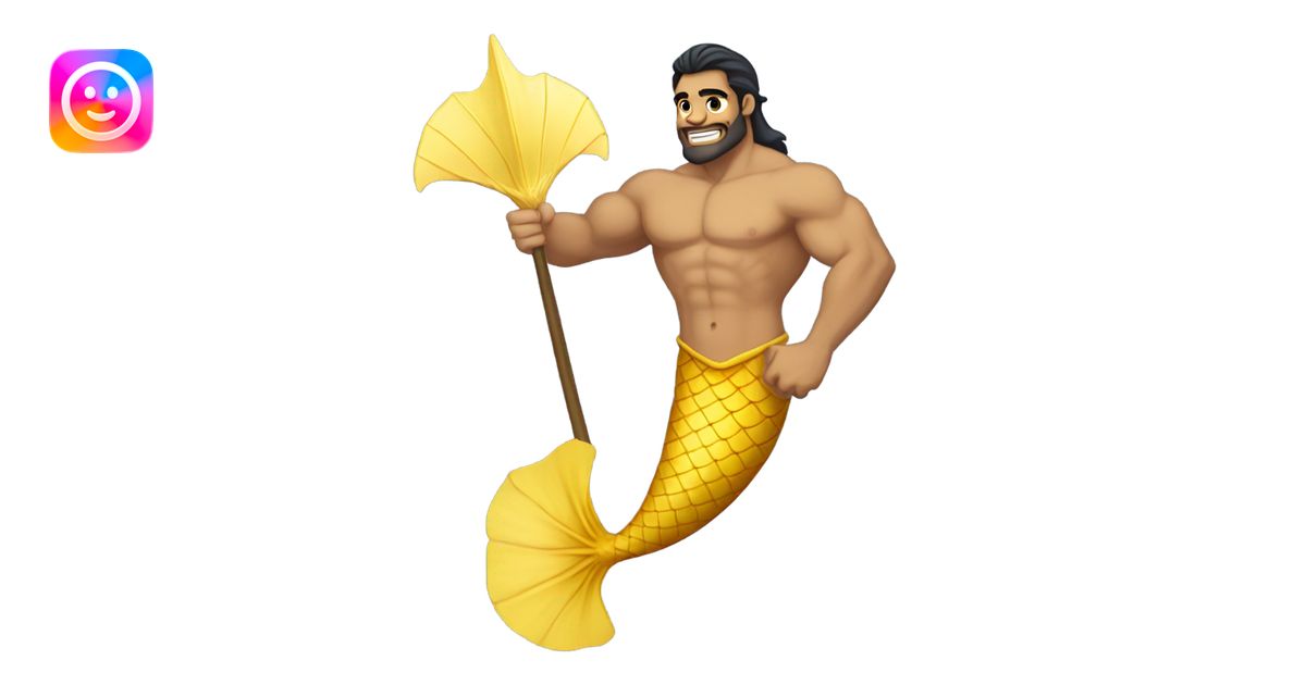 Tan muscular merman with yellow mermaid tail, dark hair and stubble ...
