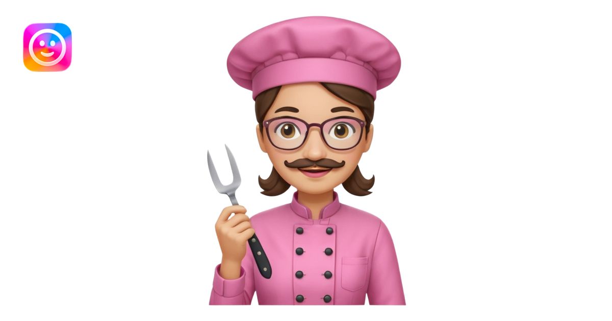 female italian chef, pink uniform, with mustace, wearing glasses ...