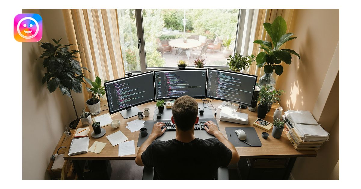 Cinematic shot of a programmer programming on tripple display setup PC ...