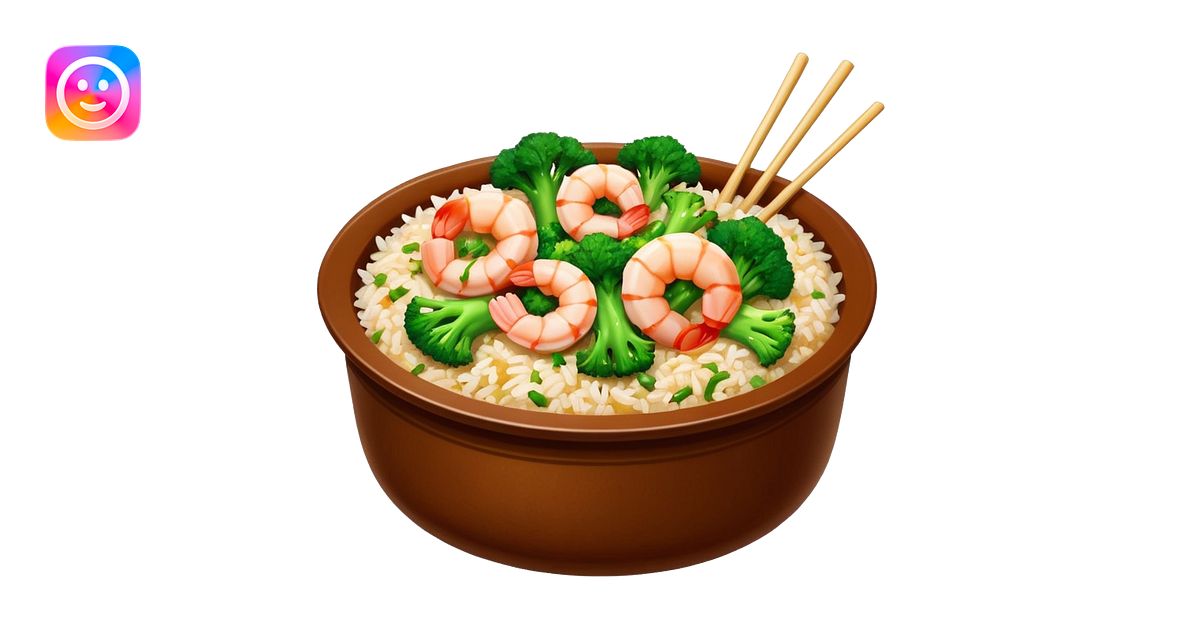 Chinese dish shrimp with broccoli and rice in Chinese container emoji ...