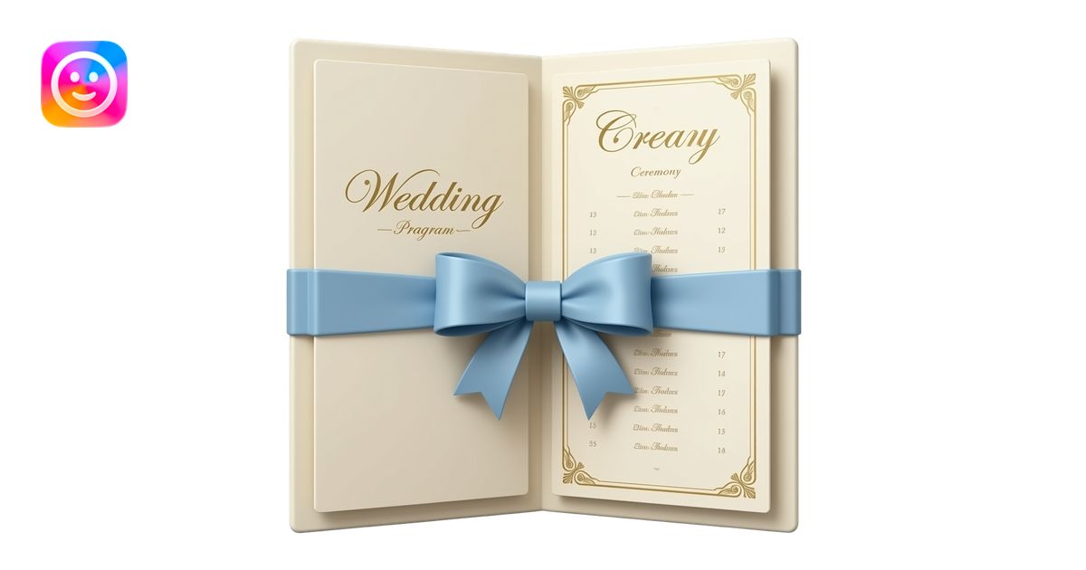 3D emoji of a cream wedding program booklet, slightly open to reveal ...