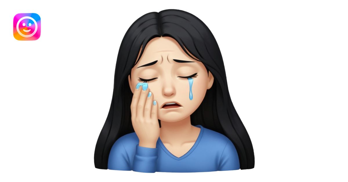emoji of a woman with long black hair, crying, slumped posture ...