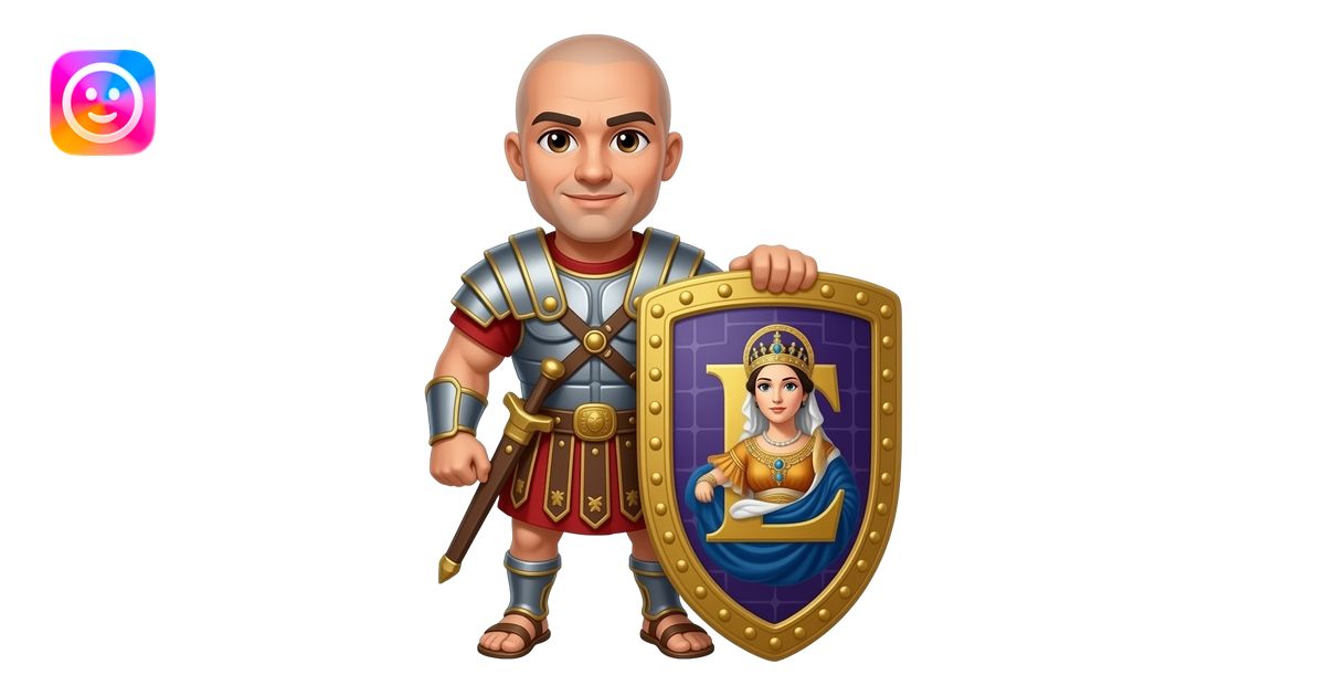 Muscular Roman soldier bald with brown eyes the Letter E on the shield ...