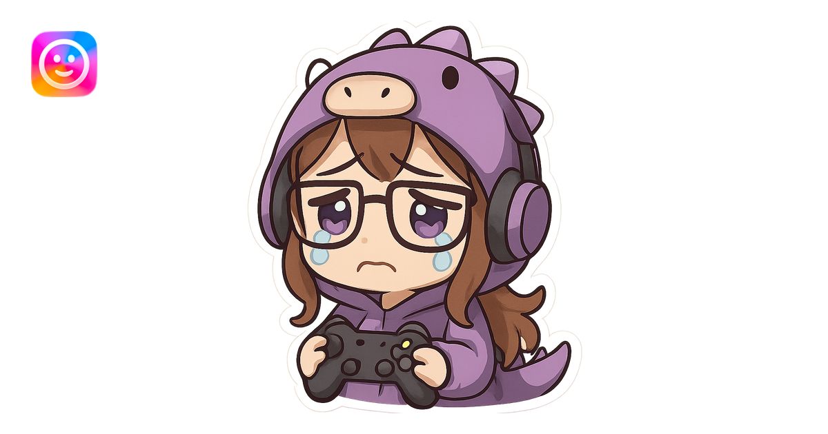 chibi anime style gamer girl with glasses, brown hair, dark purple eyes ...