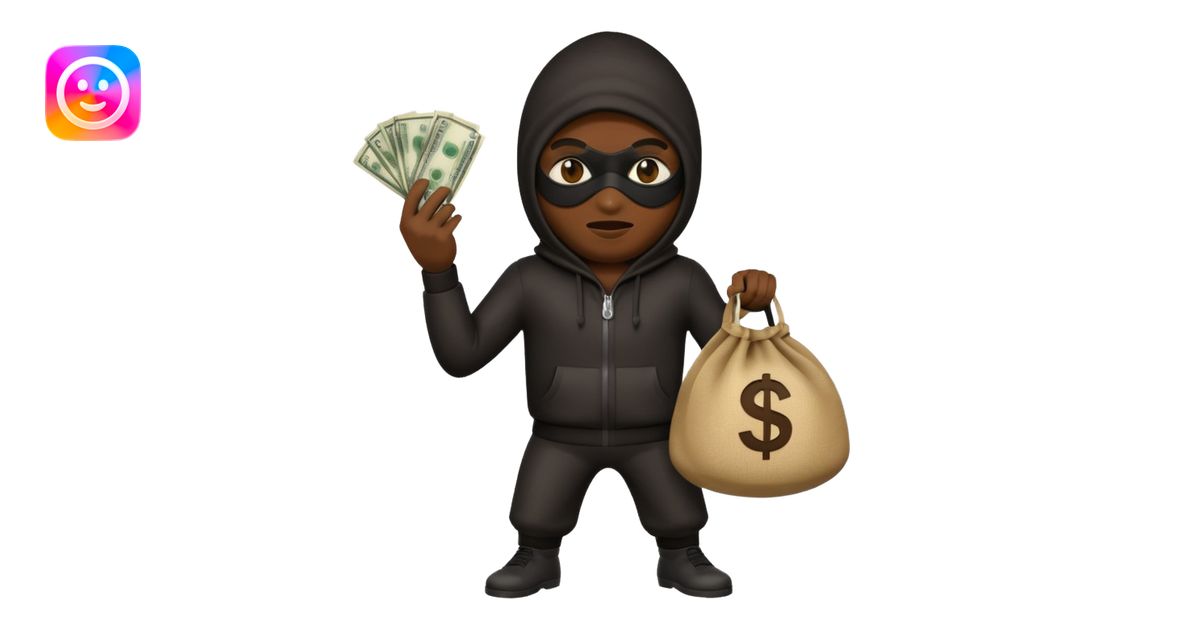 robber emoji, Google style, masked figure tiptoeing with money bag ...