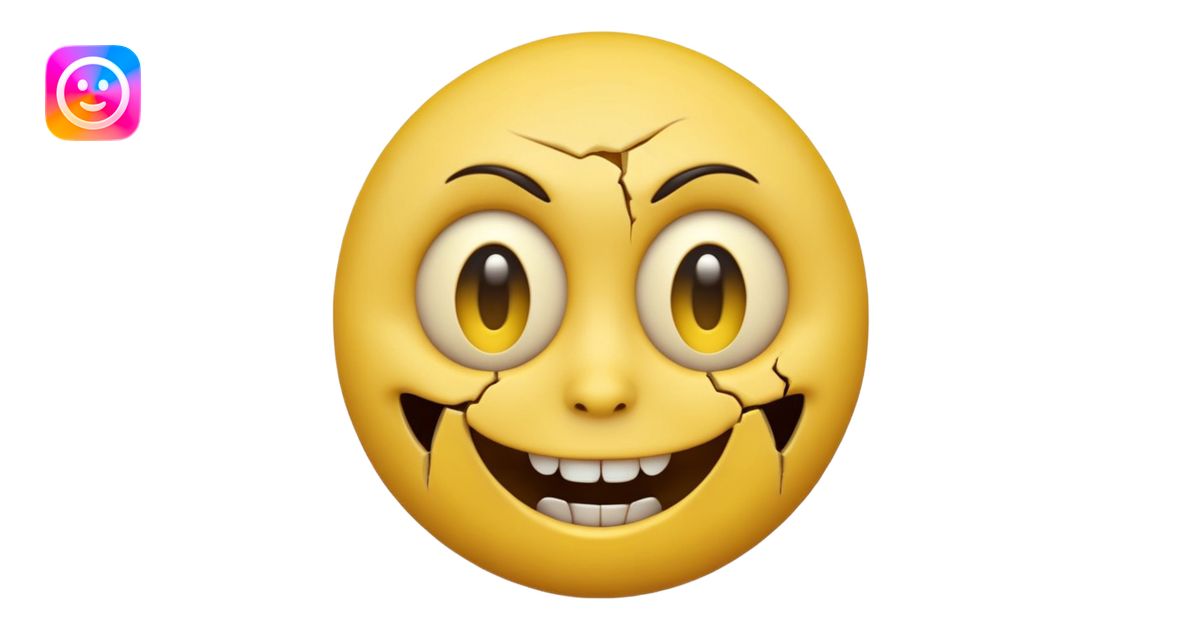 A horror-style emoji face, round yellow emoji shape, distorted facial ...