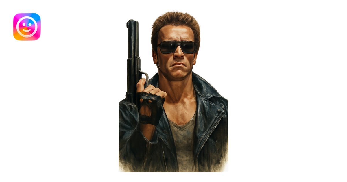 Terminator Arnold Schwarzenegger with sunglasses, holding a gun up ...
