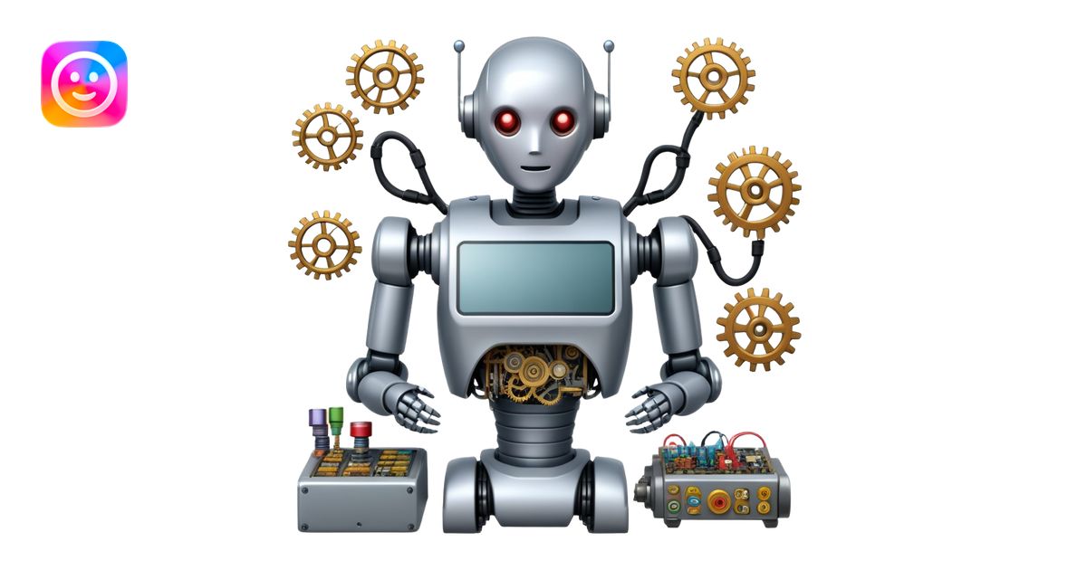 An icon featuring a humanoid robot assembling parts with robotic arms ...