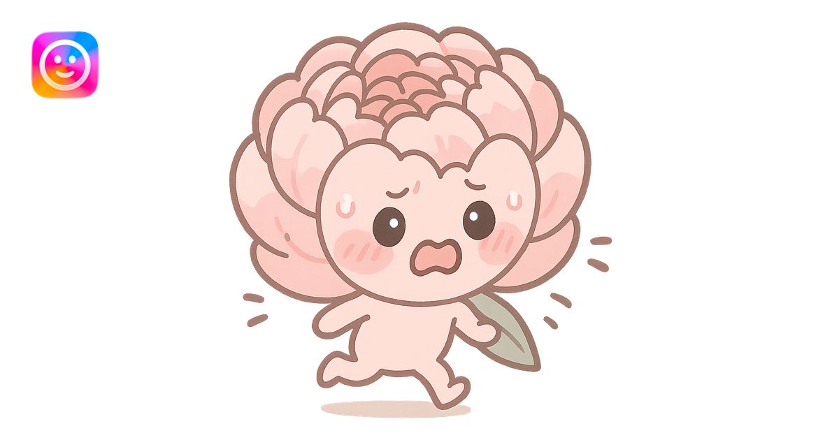 round chibi pastel pink peony flower with blushing cheeks and a ...