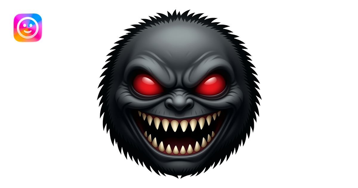Terrifying monster face, glowing red eyes, evil grin, sharp teeth ...